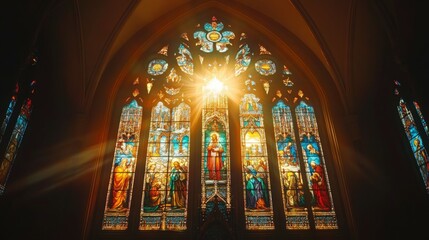 Obraz premium Sunlight streams through a stained glass window in a church.