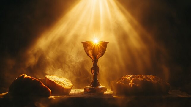 Golden chalice with bread, illuminated by a warm light.