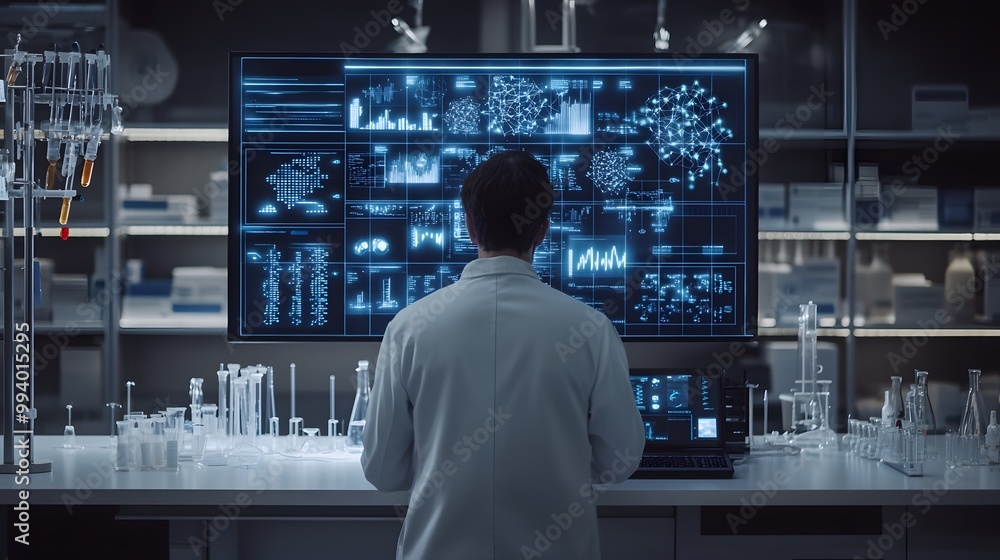 Poster scientist working with data on computer in a laboratory