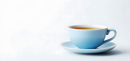 Fototapeta premium Minimalist Blue Coffee Cup with Saucer on White Background Design