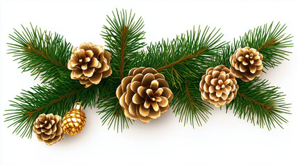 Fototapeta premium Row of red christmas ball decorations and pine cones on a green background