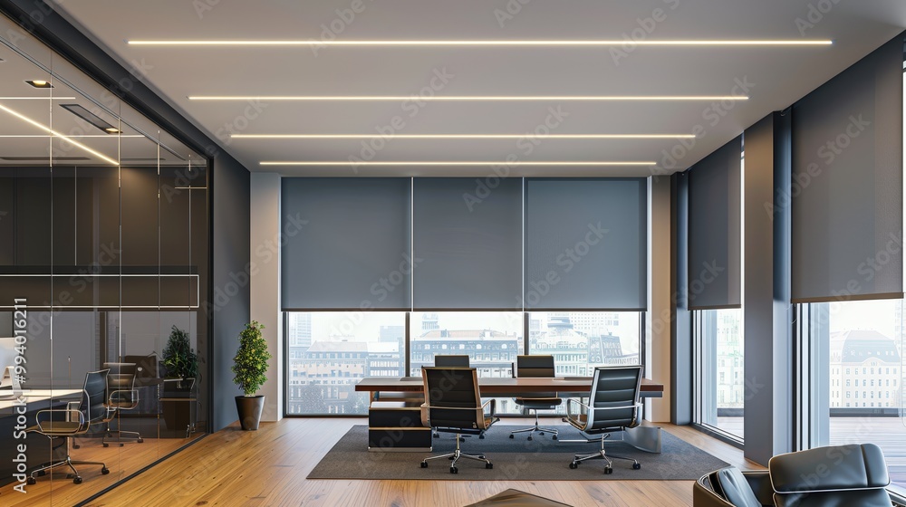 Poster modern smart office design with energy efficient led lighting and automated window shades in citysca