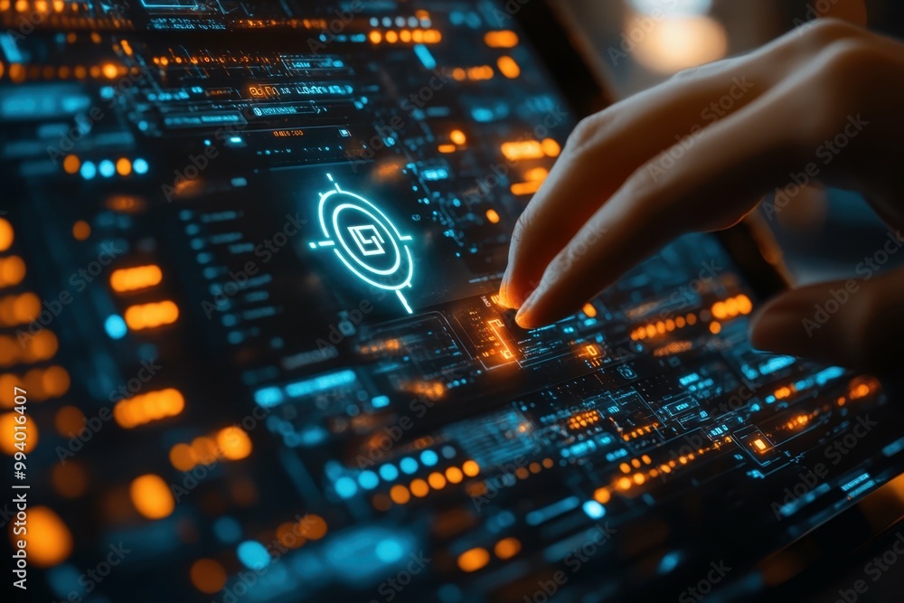 Aufkleber a close-up of a persons fingers interacting with a touchscreen with a secure key icon appearing symb