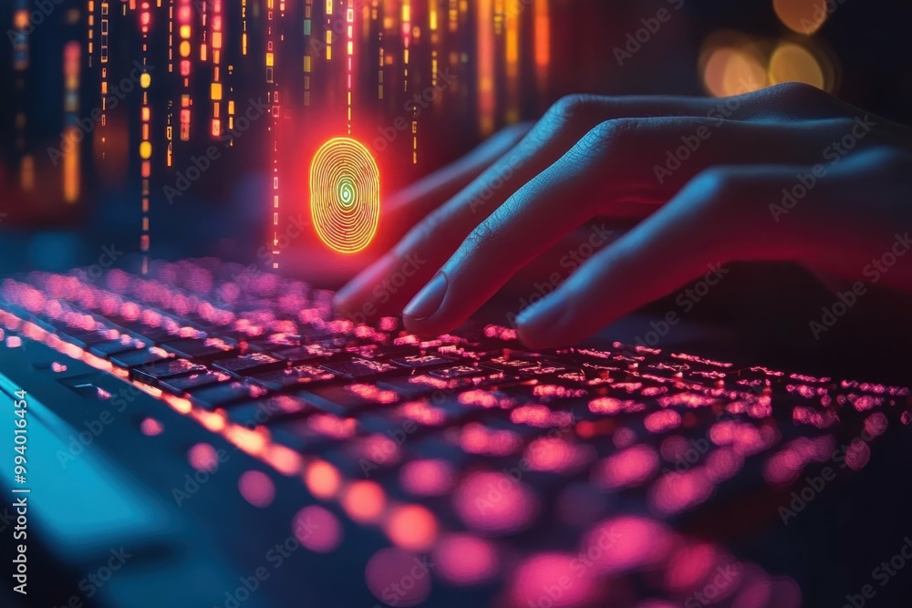 Aufkleber data breach alert. cybersecurity expert typing on keyboard with digital data protection graphics glo