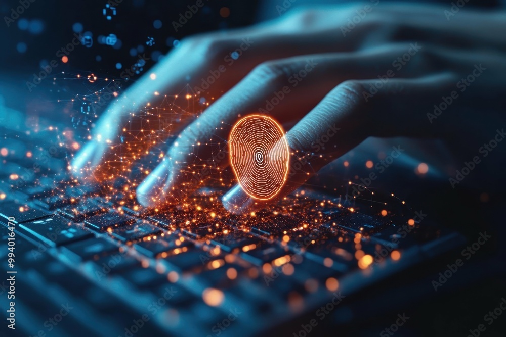 Poster a close-up of a persons fingers interacting with a touchscreen with a secure key icon appearing symb