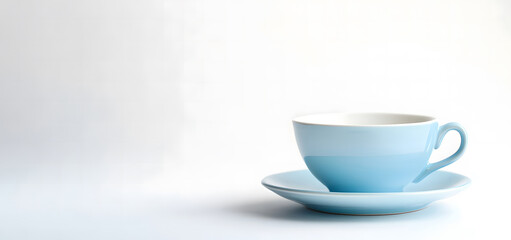 Minimalist Blue Coffee Cup with Saucer on White Background Design