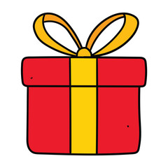 Hand drawn cartoon red gift box on white background.