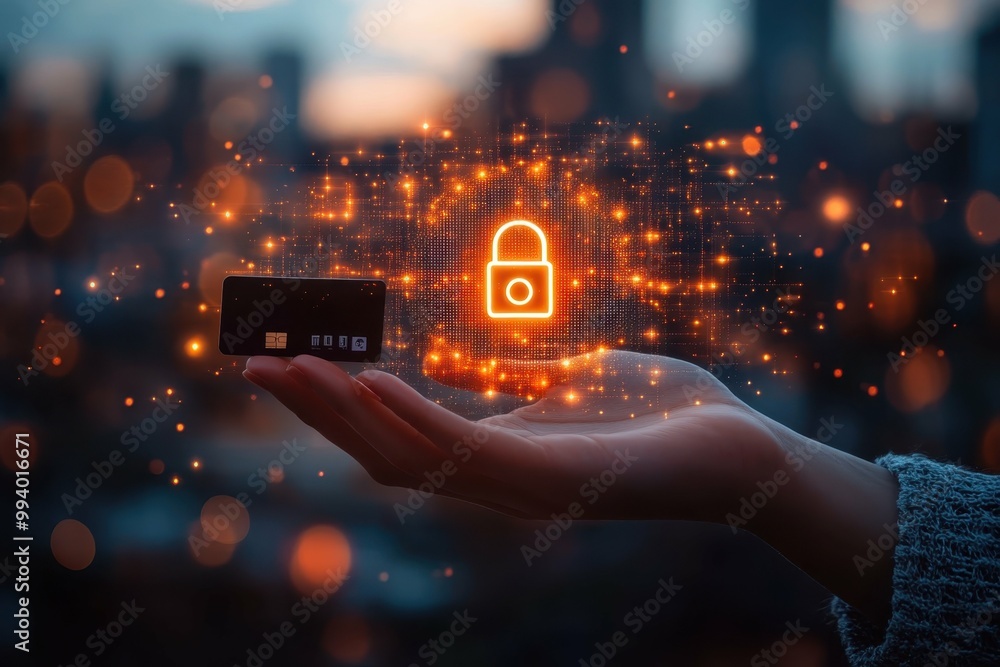 Poster a close-up of a persons hands on a keyboard with a padlock symbol hovering near the screen represent