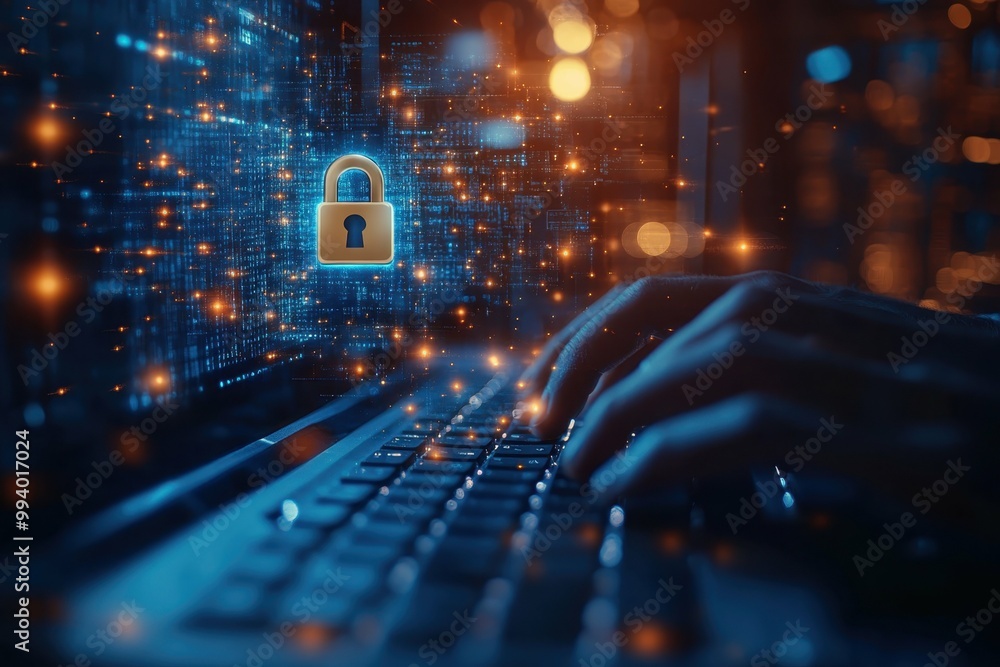 Poster data privacy alert. cybersecurity professional typing on laptop keyboard with digital lock symbol an