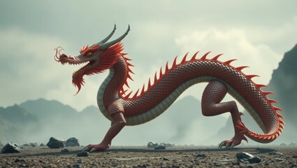 Obraz premium Powerful Red Dragon in a Misty Mountain Landscape