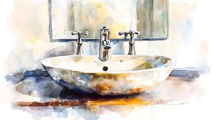 Watercolor Artistic using soft, brushy watercolor strokes, Single object picture Bathroom â€“ a modern sink with elegant faucets