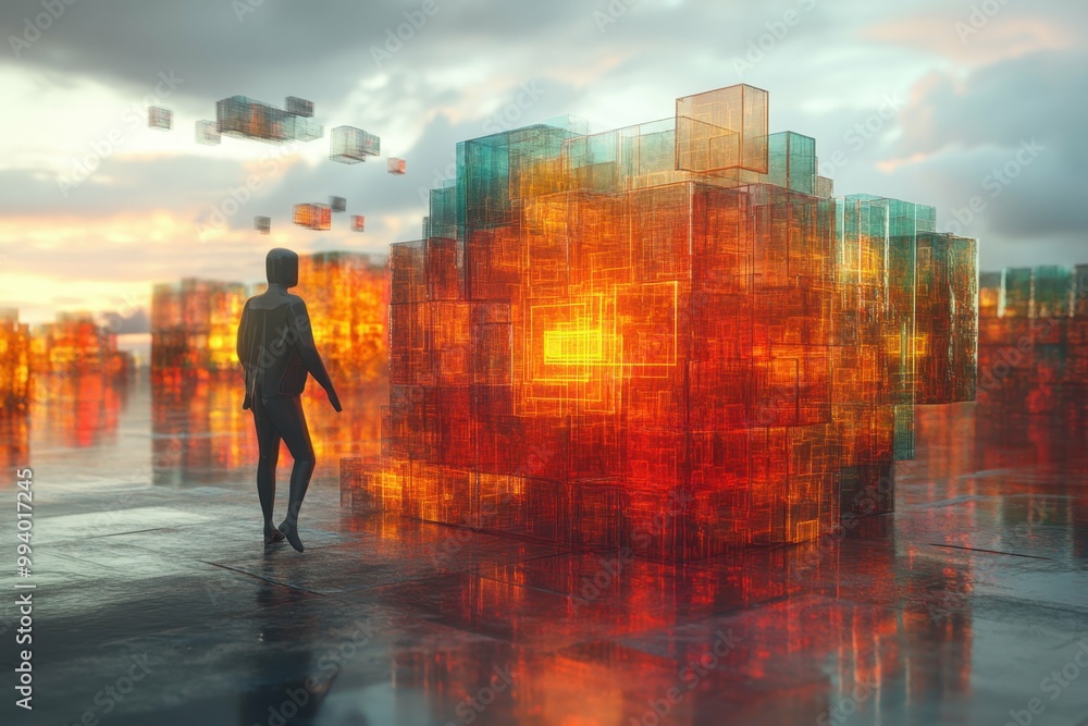 Aufkleber a digital figure surrounded by layers of protective shields symbolizing multiple layers of cybersecu
