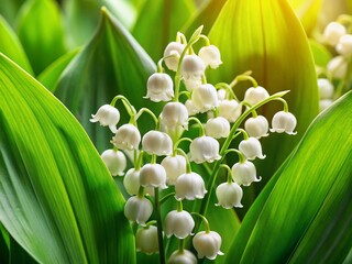 Obraz premium Delicate Lily of the Valley Background with Soft Green Leaves and Charming White Bell-Shaped Flowers