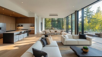 Fototapeta premium luxurious openconcept living space with seamless flow between kitchen dining and living areas floortoceiling windows frame stunning natural vista modern furnishings warm neutrals