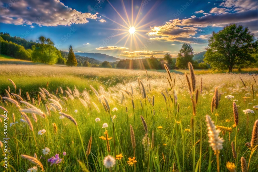 Poster Meadow with wildflowers and tall grass bathed in sunset light