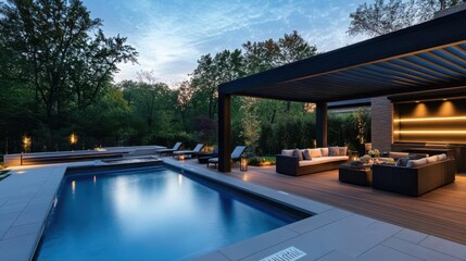 luxurious outdoor living space teak deck with black pergola overlooking a serene pool at dusk elegant lounge furniture and soft lighting create a sophisticated ambiance
