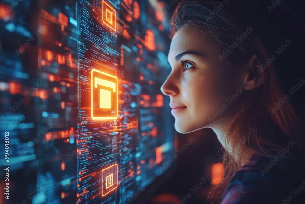 Poster a person at a computer with a glowing firewall symbol displayed on the screen indicating strong cybe