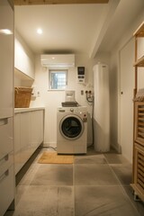 Eco-Friendly Utility Room Featuring Compact Heat Pump Water Heater and Modern Appliances for Energy Efficiency
