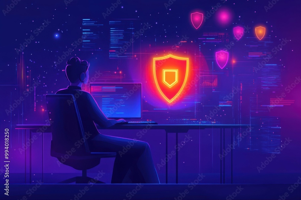 Poster a person sitting at a desk with a shield hologram projected from their computer indicating cybersecu