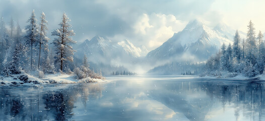 Verschneiter See mit Bergen - Winterliche Landschaftsmalerei im Bannerformat