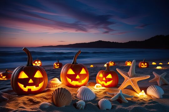 Haunting Halloween Beach Scene with Illuminated Pumpkins Unique Starfish and Beautiful Seashells at Dusk