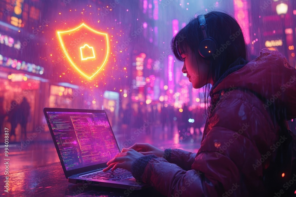 Poster a person working on a laptop with a glowing shield symbol hovering above the screen indicating cyber