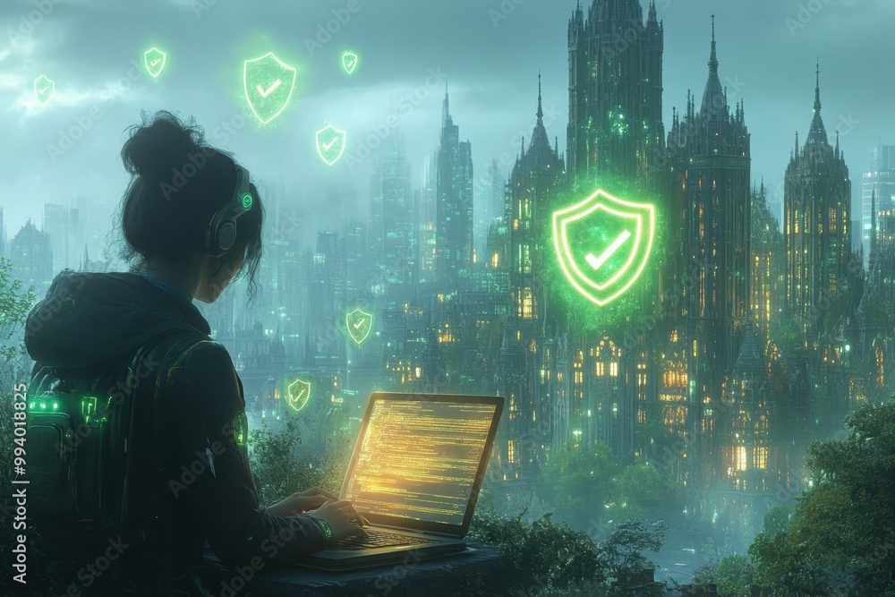 Poster a person working on a laptop with a glowing shield symbol hovering above the screen indicating cyber