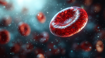 Naklejka premium Red blood cell floating in a soft, blurred background. The vibrant, red cell stands out sharply with its smooth