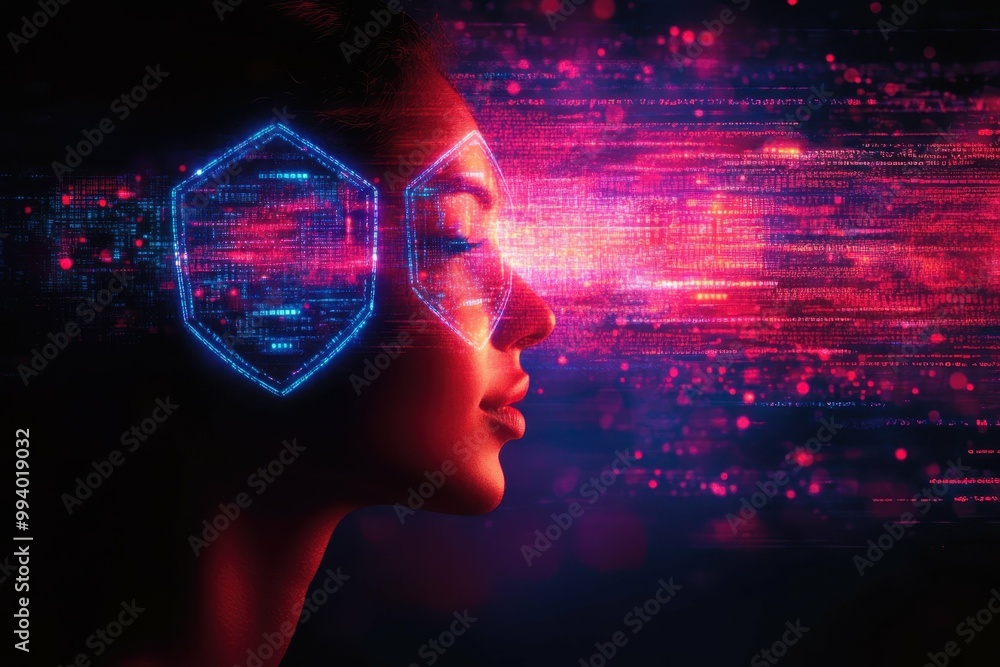 Poster a silhouette of a person with a digital keyhole in place of their face symbolizing secure identity i