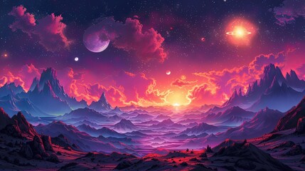 Colorful Retro Sci Fi illustration with space landscape, alien planets and extraterrestrial surfaces, coloring page and cartoon game concept background