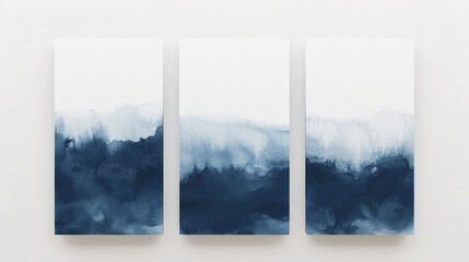 Three vertical blue watercolor wash paintings on a white background, featuring different shades of navy blue and soft cream colors.