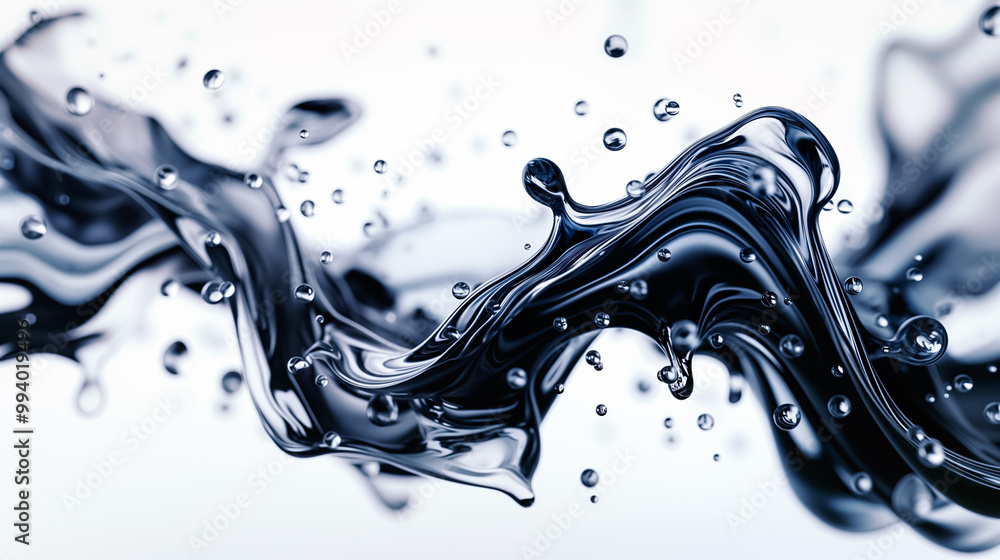 Poster this abstract design showcases flowing black and silver waves intertwined with droplets, creating a 