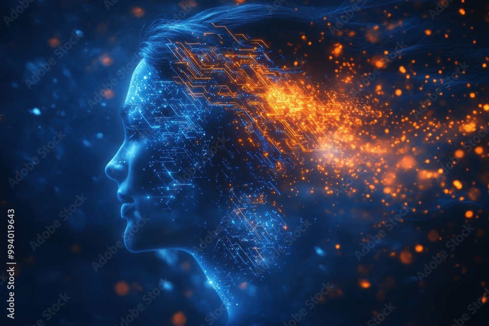 Poster a stylized image of a person with digital circuits radiating from their head symbolizing the integra