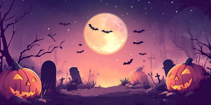 Spooky Halloween Night Scene with Full Moon and Pumpkins