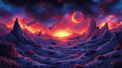 Colorful Retro Sci Fi illustration with space landscape, alien planets and extraterrestrial surfaces, coloring page and cartoon game concept background