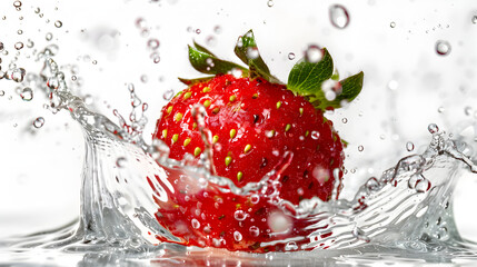 A strawberry is floating in a splash of water