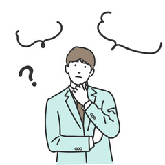 腕組みし顎に手をやり考えるスーツのビジネスマン　ベクターイラスト　吹き出し　悩む　白バック