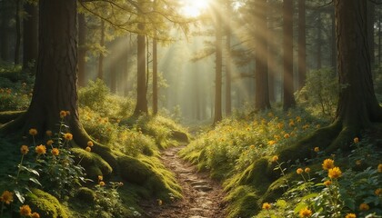 Obraz premium Enchanted Forest Path Bathed in Golden Sunlight with Vibrant Wildflowers Against Majestic Trees