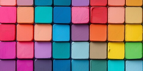 A vibrant, multicolored arrangement of squares, resembling a colorful modern artwork, blending shades harmoniously.