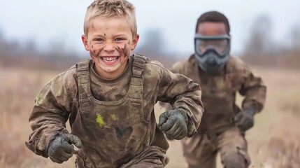 Obraz premium Happy Boy in Camo Running and Smiling During Paintball Game