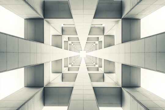 Symmetrical concrete structures forming a geometric path leading upward into the sky.
