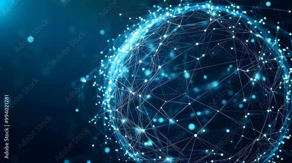 Poster abstract blue glowing sphere with interconnected lines and nodes.
