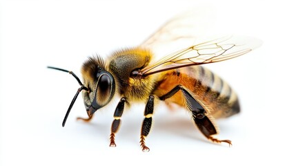 macro shot of honey bee in sharp focus intricate details of wings and body visible against pure white background golden hues highlighting delicate structures