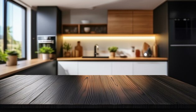 black countertop on the blur of a modern kitchen interior. Empty tabletop in bright color with wood texture. Food product mockup design. modern kitchen interior. modern kitchen in house