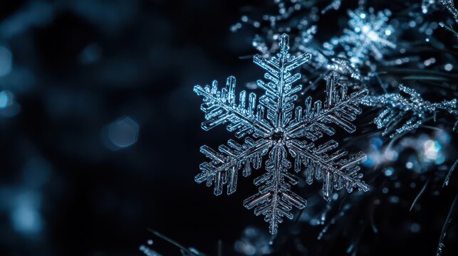 macro snowflake photography intricate ice crystal formations dark backdrop with subtle blue glow microscopic winter wonderland