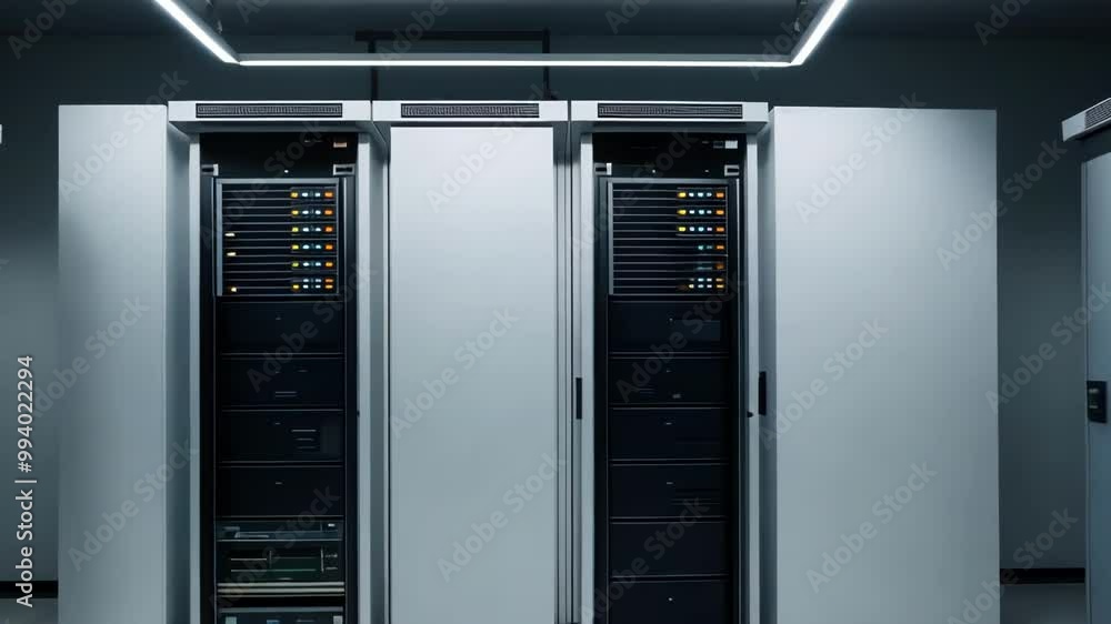 Poster a sleek, modern server room filled with tech equipment, showcasing data storage and networking in a 
