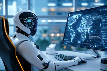 A futuristic CEO using advanced technology to manage a global business, with virtual assistants and robots in a sleek, high-tech office