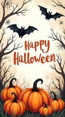 Fototapeta premium Illustrated Halloween greeting with pumpkins, bats and spider webs. Perfect for holiday cards, holiday banners and social media posts.