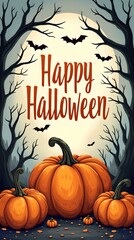 Illustrated Halloween greeting with pumpkins, bats and spider webs. Perfect for holiday cards, holiday banners and social media posts.
