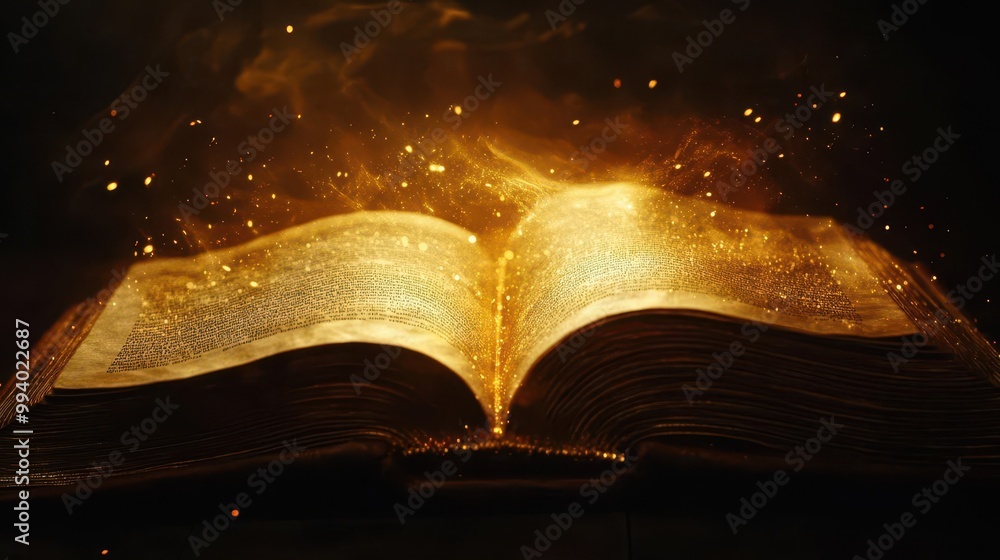 Poster magical golden light and shimmering particles emerging from open ancient leatherbound book against d